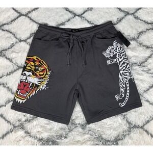 ED‎ HARDY Screaming Tiger Fleece Sweat Shorts Charcoal Gray Men's Sz L *NEW* $65